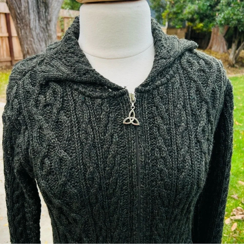 INIS CRAFTS Hunter Green Aran Irish Merino Wool Cardigan Zip Sweater Size Small